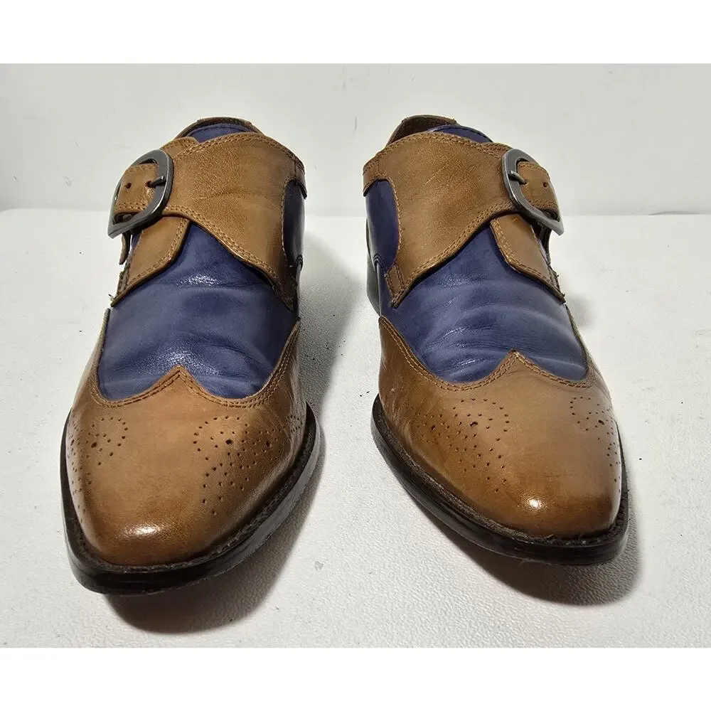 Fratelli Footwear Mens Tan/Blue Leather Wingtip Monk Strap Dress Shoes Sz US 9.5